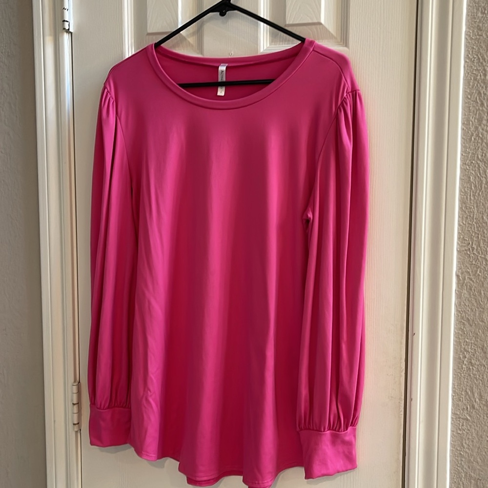 Acting Pro Pink Long Sleeve Women's Top Pleated Puff Shoulder Blouse Shirt Sz L